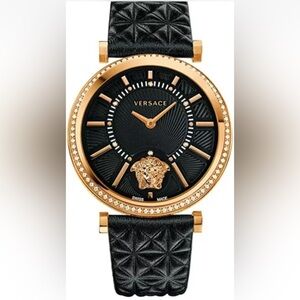 Versace Women's VQG050015 V-HELIX Swiss Gold IP Black Leather DIAMONDS Watch